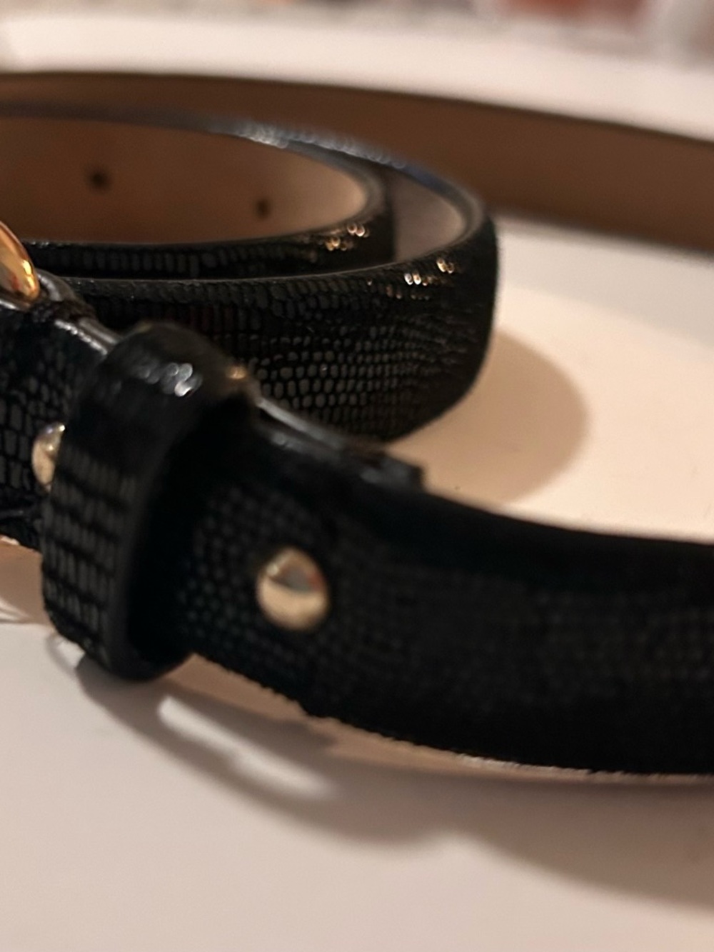 Ann Taylor Black Textured Skinny Belt with Gold-Plated Hardware